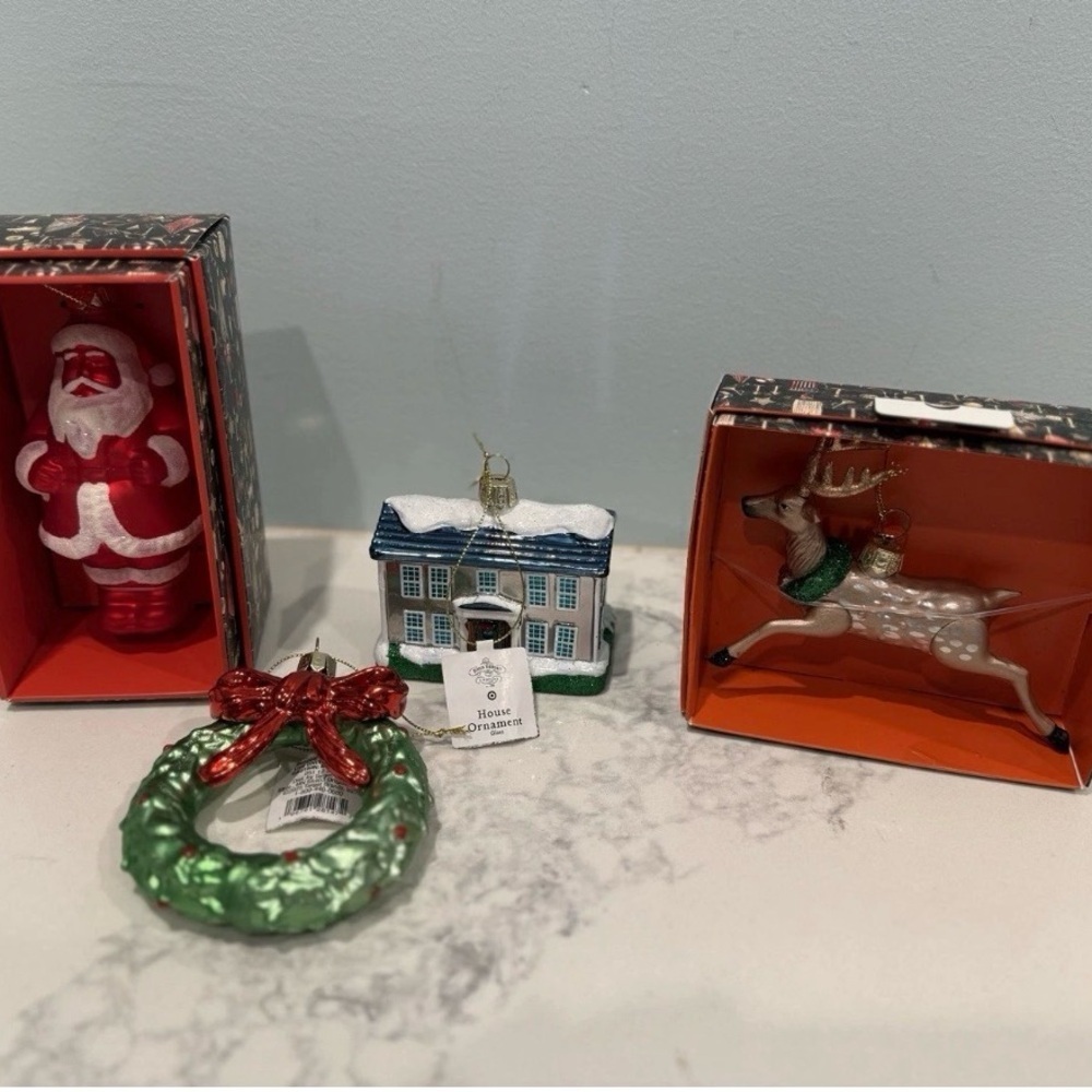John Derian Target Glass ORNAMENT LOT House, Wreath, Deer + Santa NWT